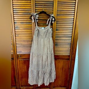 Breath of Youth brown gingham long bow straps dress